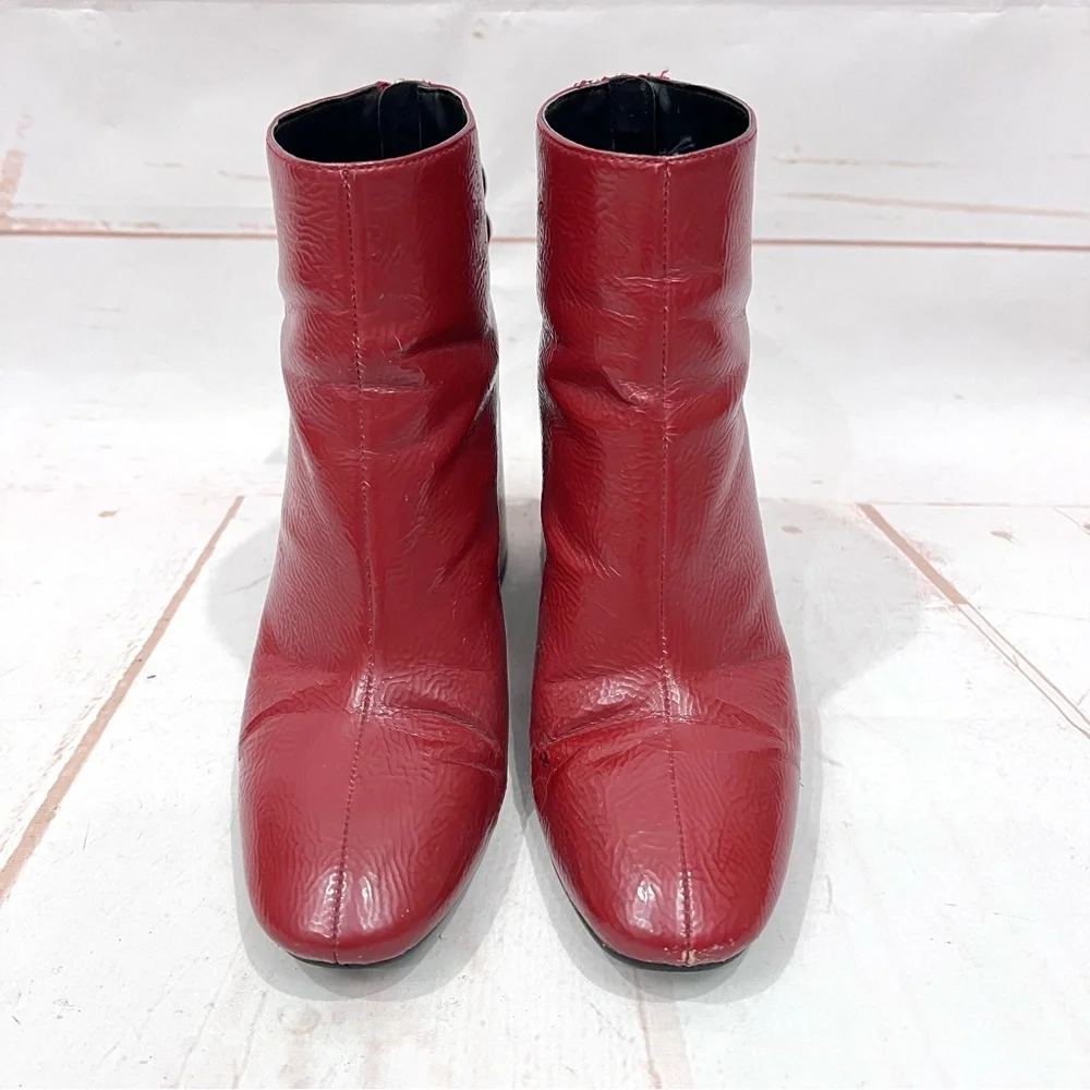 Zara Bloggers Favorite Retro Red Crinkled Patent Leather Block Heel Ankle Boots